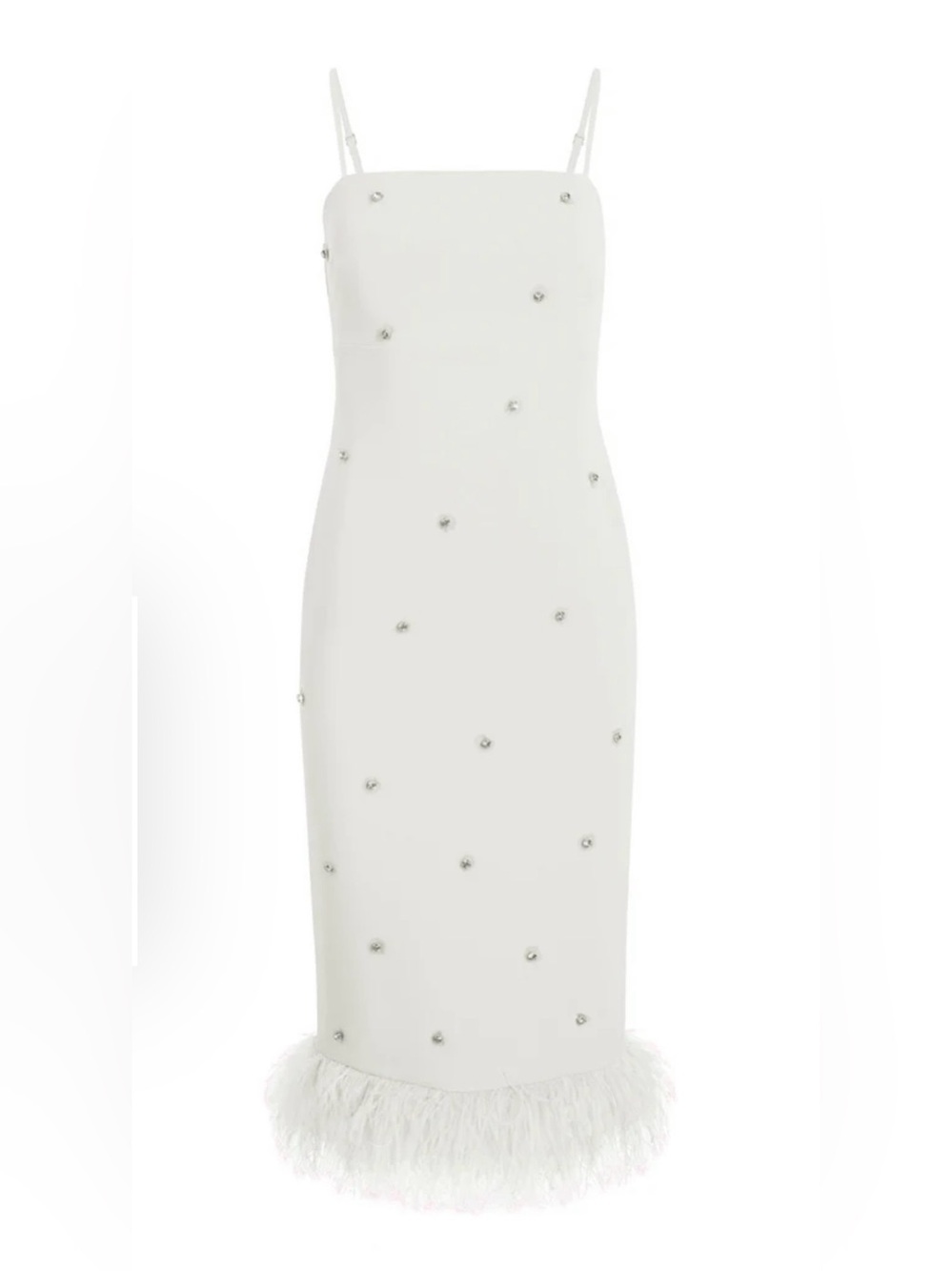 Likely White Beaded Spaghetti-Strap Midi Dress with Feather Hem
